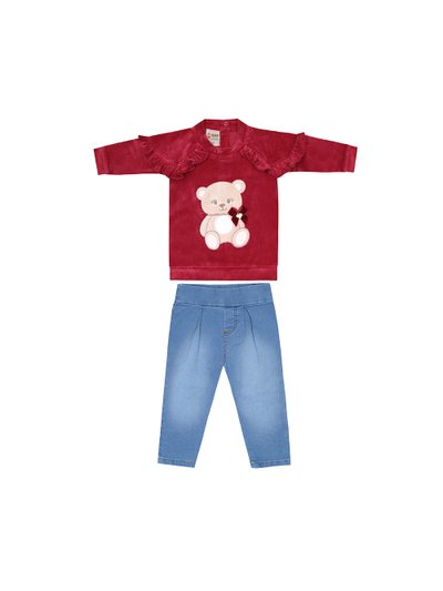 Conjunto Infantil Menina calça jeans e blusa na cor vermelha
