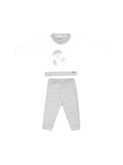 Conjunto Bebê Neutro calça na cor cinza e blusa na cor off