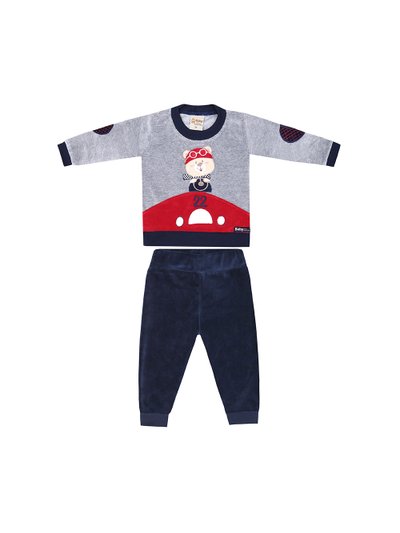 Conjunto Infantil de Plush Calça na cor marinho e Blusa na cor mescla e vermelho