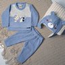 Conjunto Infantil Menino Plush na Cor Azul Jeans, com três peças, Calça, Blusa e Touca