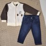 Conjunto Infantil Jeans Inverno Friends com calça jeans e blusa na cor off e marrom
