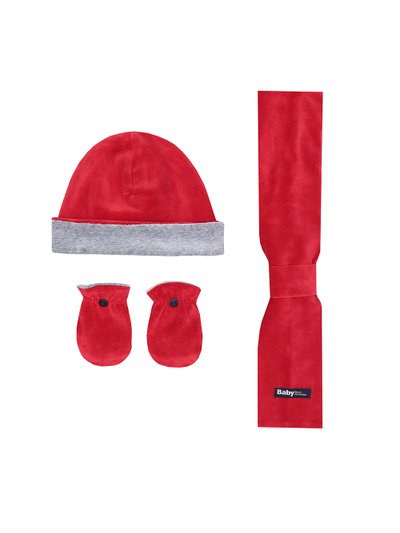 Kit Cachecol Bebê Contem três peças, Cachicol, Touca e Luva na cor vermelha e mescla