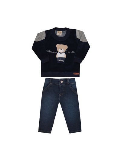 Conjunto jeans infantil menino com blusa em plush marinho