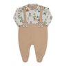 Macacão Jardineira Bebe menino em trico caqui com suedine estampado