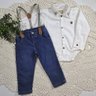 Conjunto Jeans infantil com body em tecido plano com suspensório