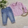 Conjunto Jeans Infantil Menina Calça na cor jeans Camisa em tecido plano na cor rosa