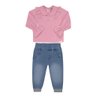 Conjunto Jeans Infantil Menina Calça na cor jeans Camisa em tecido plano na cor rosa