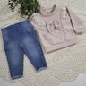 Conjunto Jeans Infantil Menina com calça jeans e blusa na cor rosa pó com tule