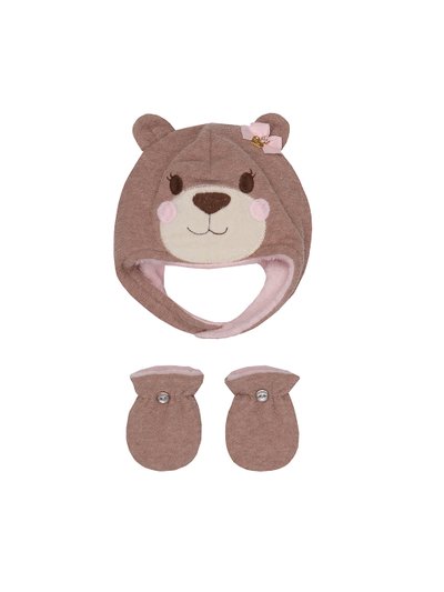 Touca e Luva Bebê Menina em bluckle caqui com forro em fleece na cor rosa