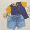 Conjunto infantil jeans menino Camiseta em malha listrada marinho e shorts jeans
