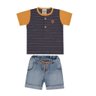 Conjunto infantil jeans menino Camiseta em malha listrada marinho e shorts jeans