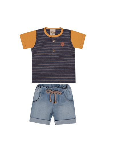 Conjunto infantil jeans menino Camiseta em malha listrada marinho e shorts jeans