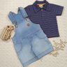 Jardineira jeans infantil menino Camiseta listrada gola polo e jardineira jeans com regulagem na alça