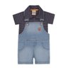 Jardineira jeans infantil menino Camiseta listrada gola polo e jardineira jeans com regulagem na alça