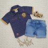 Conjunto infantil jeans menino Camiseta polo com bordado e shorts jeans com regulagem na cintura