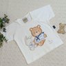 Conjunto jeans infantil menino camiseta raglan com estampa de marinheiro na cor creme e shorts sarruel na cor jeans