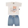 Conjunto jeans infantil menino camiseta raglan com estampa de marinheiro na cor creme e shorts sarruel na cor jeans