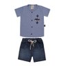 Conjunto infantil jeans menino camisa em malha na cor azul jeans shorts jeans