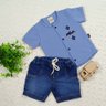 Conjunto infantil jeans menino camisa em malha na cor azul jeans shorts jeans