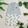 Banho de sol bebe menino aplicação de ilhós e cordão no peito e parte inferior em sarja estampada