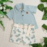 Conjunto infantil polo menino Camiseta gola polo em malha na cor verde shorts com regulagem na cintura em sarja creme com estampa e cinto na cor cru