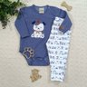 Conjunto body bebe menino body de manga longa em malha piquet na cor jeans e calça com vira pé em suedine com estampa de cachorrinho