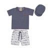 Conjunto bebe menino 3pcs camiseta e boné em malha piquet na cor jeans e shorts em suedine com estampa de cachorrinho