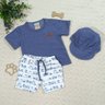Conjunto bebe menino 3pcs camiseta e boné em malha piquet na cor jeans e shorts em suedine com estampa de cachorrinho