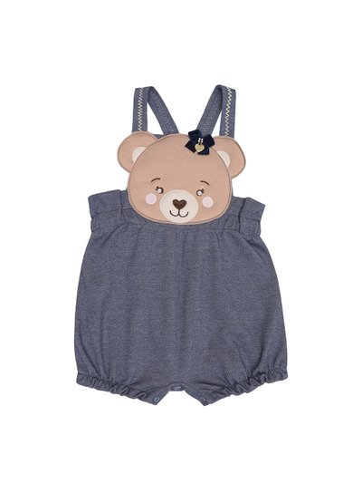 Jardineira infantil com aplicação de pet cós clochard pernas com elástico embutido abertura nas alças e entrepernas em malha piquet na cor jeans