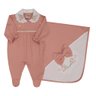 Saída Maternidade Bebe menina macacão e manta em malha canelada na cor salmão