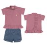 Conjunto jeans infantil blusa em malha canelada na cor lavanda e shorts em tecido jeans