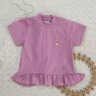 Conjunto jeans infantil blusa em malha canelada na cor lavanda e shorts em tecido jeans