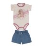 Conjunto jeans body infantil Body com estampa personalizada em malha com poliéster na cor creme shorts jeans com cós clochard
