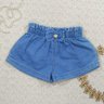 Conjunto jeans body infantil Body com estampa personalizada em malha com poliéster na cor creme shorts jeans com cós clochard