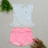 Conjunto moletom infantil menina blusa em malha trico na cor off e shorts em moletinho na cor rosa