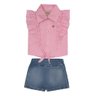 Conjunto jeans infantil menina blusa em tecido plano na cor rosa e shorts saia em jeans