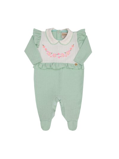 Macacao bebe menina com babado nas mangas e na pala e gola bordada em malha trico na cor verde