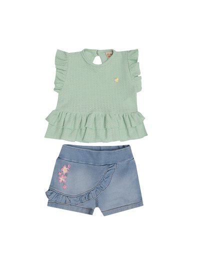Conjunto jeans infantil menina blusa com babados em malha trico na cor verde shorts saia em jeans com bordado
