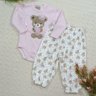 Conjunto longo bebe menina body em suedine liso na cor rosa calça em suedine estampado de florzinha