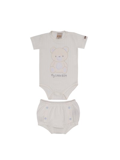 Conjunto bebe unissex body de manga curta e tapa fralda em malha canelada na cor off