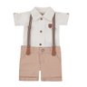 Conjunto infantil batizado menino pecas 3 body em malha canelada na cor off e shorts em sarja caqui e suspensório