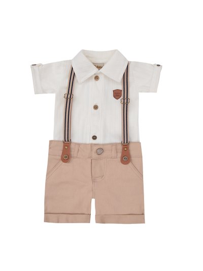 Conjunto infantil batizado menino pecas 3 body em malha canelada na cor off e shorts em sarja caqui e suspensório