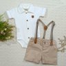 Conjunto infantil batizado menino pecas 3 body em malha canelada na cor off e shorts em sarja caqui e suspensório