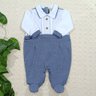 Macacao bebe menino em piquet azul jeans com malha branca